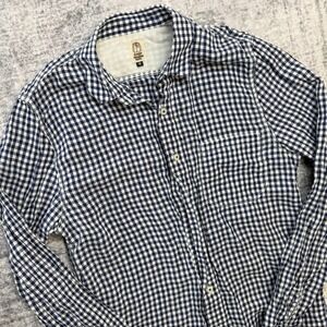 Hiroshi Kato Shirt Mens Medium Blue Gingham Check Linen Button Up Slim Preppy